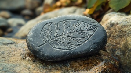 Aufkleber - Smooth stone with leaf carving resting on natural stones in a serene outdoor setting
