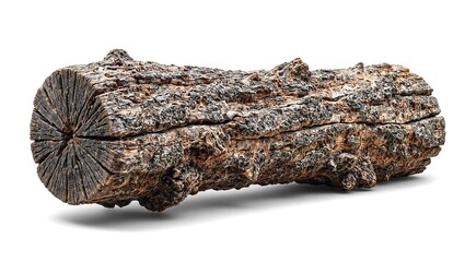 An intricate close up of a weathered tree trunk showcasing intricate patterns and textures on a stark white background