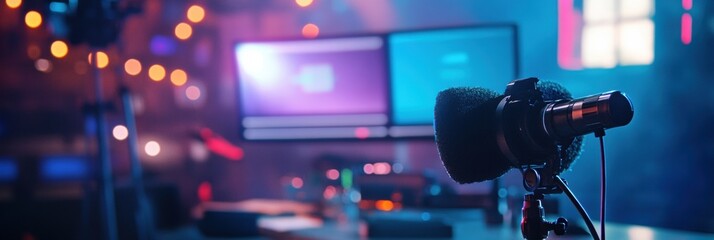 Aufkleber - Live broadcast setup featuring microphone, countdown timer, and breaking news banner in a studio environment
