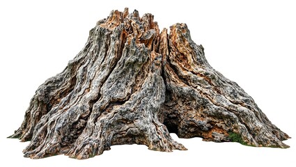Detailed close up of weathered tree bark with intricate patterns and deep grooves on a white background Natures artistry revealed in texture and history