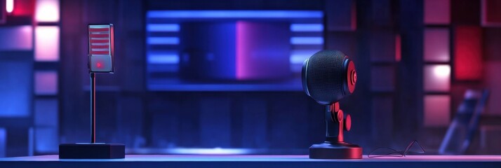 Aufkleber - Live broadcast setup features microphone and countdown timer for breaking news coverage at evening news desk