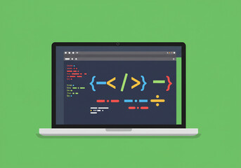 Laptop Screen Displaying Colorful Code on Green Background