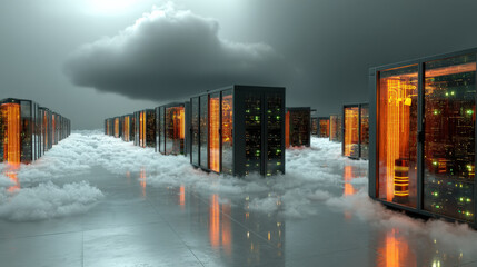 Fototapete - futuristic 3D render of cloud based data center with virtualized servers glowing in misty environment. scene conveys sense of advanced technology and innovation