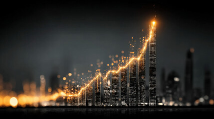Aufkleber - glowing upward trend line illuminates city skyline, symbolizing economic growth and progress. vibrant lights create sense of optimism and advancement