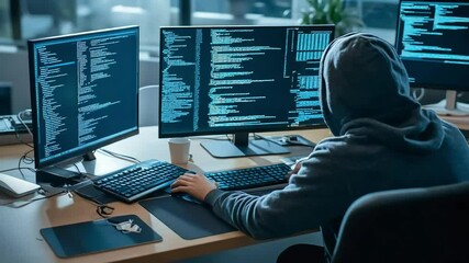 Hacker coding late night in office, city view