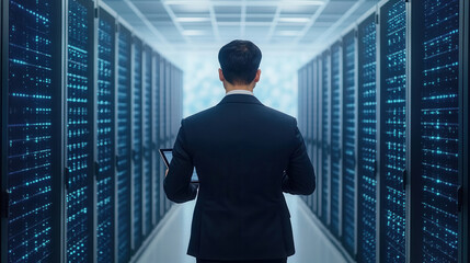 professional man analyzes data on tablet in server room with cloud technology visuals during modern 