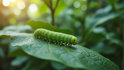 Aufkleber - Vibrant Green Caterpillar Crawling on Leaf Surrounded by Lush Foliage and Soft Light in Natural Environment