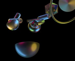 Aufkleber - 3D illustration with colorful, translucent geometric shapes like spheres, cylinders, and polyhedrons on a black background, creating a futuristic and glossy visual effect.