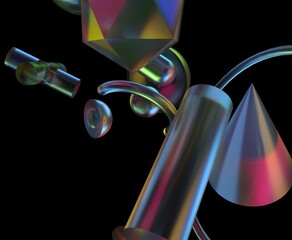 Aufkleber - 3D illustration with colorful, translucent geometric shapes like spheres, cylinders, and polyhedrons on a black background, creating a futuristic and glossy visual effect.