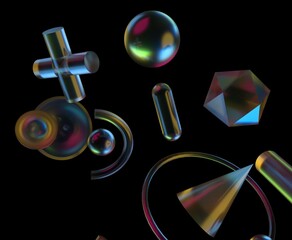 Aufkleber - 3D illustration with colorful, translucent geometric shapes like spheres, cylinders, and polyhedrons on a black background, creating a futuristic and glossy visual effect.