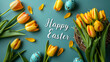 © Daria - Festive flat lay with yellow tulips, blue speckled eggs, and 'Happy Easter' text on a teal background. Happy Easter Greeting with Yellow Tulips and Speckled Eggs