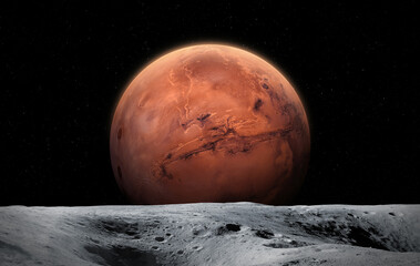 Wall Mural - moon and mars. moon surface with craters. view of planet mars from the surface of the moon.