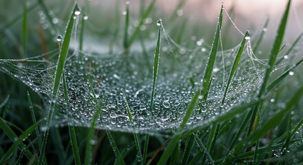 Dew-covered web on grass blades, delicate and glistening in the soft light, showcases nature's artistry in a beautiful morning display.