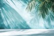 © Mia - Abstract gradient blue studio background for product presentation. Empty room with shadows of window and flowers and palm leaves . 3d room with copy space. Summer concert. Blurred backdrop.