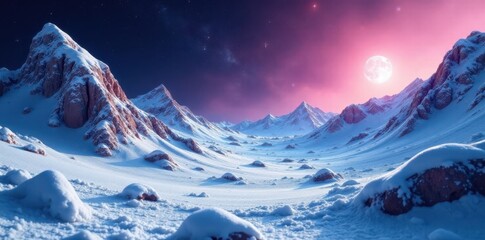 Wall Mural - Snowy asteroid landscape with frozen crystals , winter space snow cold universe, stars