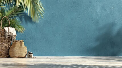 Aufkleber - Blue wall with a palm tree and a basket of towels. The wall is empty and the basket is on the floor
