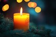 © Habibur - A glowing candle in a glass holder with pine needles and bokeh lights in the background creating a warm glow