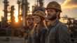 © Jackpot - Oil refinery workers teamwork safety hardhats sunset construction site