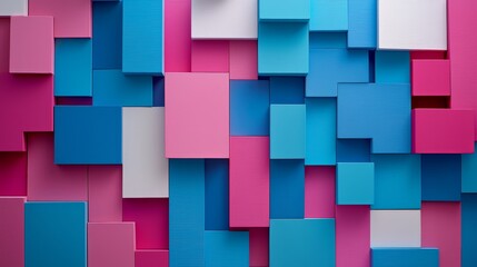 Fototapete - Colorful wall made of blocks in pink, blue, and white. The blocks are arranged in a way that creates a pattern. The wall is vibrant and lively, and it gives off a sense of creativity