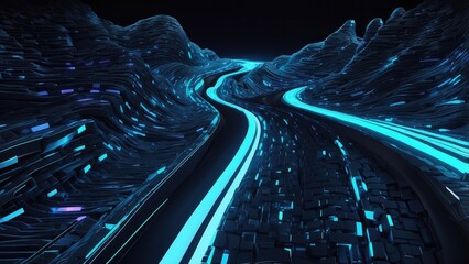 A futuristic, curving digital road composed of glowing blue binary code on a dark background