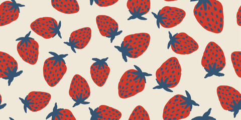 Aufkleber - The strawberries are stylized with a hand-drawn, slightly abstract look, with red bodies and dark blue leaves and stems. The pattern is dense, with strawberries.