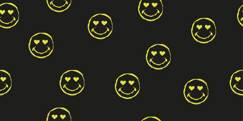 Leinwandbilder - The image features a repeating pattern of yellow smiley faces with heart-shaped eyes on a black background.