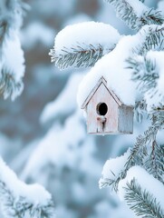 Poster - Little birdhouse nestled among snowy pines creates a charming winter fairytale atmosphere in a serene forest setting
