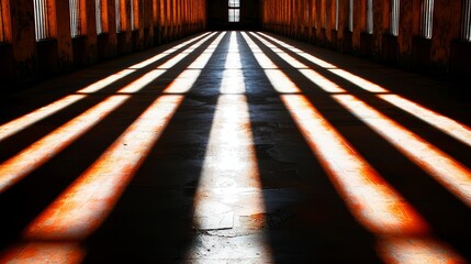 Aufkleber - Long hallway with a lot of light shining on the floor. The light is creating shadows on the floor