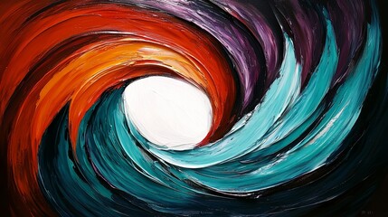 Poster - Painting of a wave with a white circle in the middle. The colors are blue, red, and orange