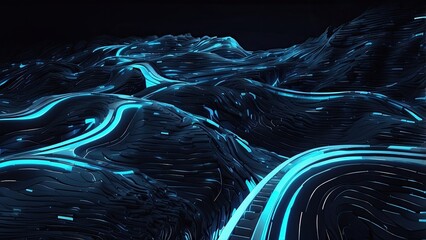 A futuristic, curving digital road composed of glowing blue binary code on a dark background