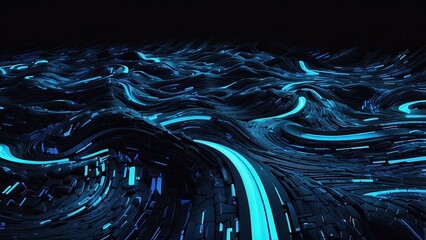 A futuristic, curving digital road composed of glowing blue binary code on a dark background