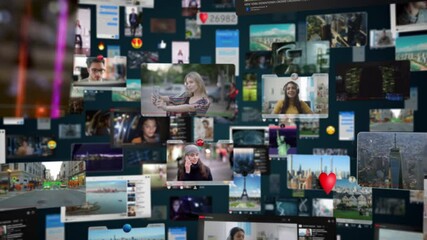 Dark Digital Background with Virtual Social Media Reality Interconnected . Visualization of Messenger Apps, Dating Profiles, Finance Wallet, Entertainment Viral Videos All Connected.