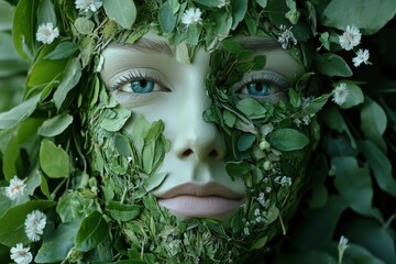 Aufkleber - Human face creation using leaves, petals, and grass showcasing organic harmony with nature
