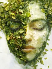 Aufkleber - Human face made of leaves and petals representing nature and organic harmony in a serene setting