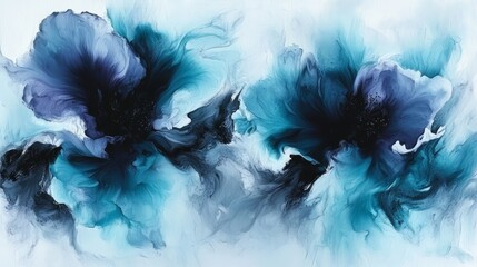 Poster - The painting is of two blue flowers with black petals. The flowers are surrounded by a blue and white background. The painting has a calming and serene mood