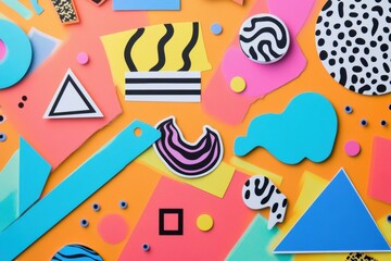 Fototapete - Memphis style abstract shapes create a vibrant pattern on a colorful background with various designs including zigzags and dots