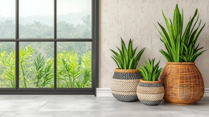 Aufkleber - Three potted plants are sitting on a concrete floor in front of a window. The plants are tall and green, and they are placed in different sized baskets. The room has a modern and minimalist design