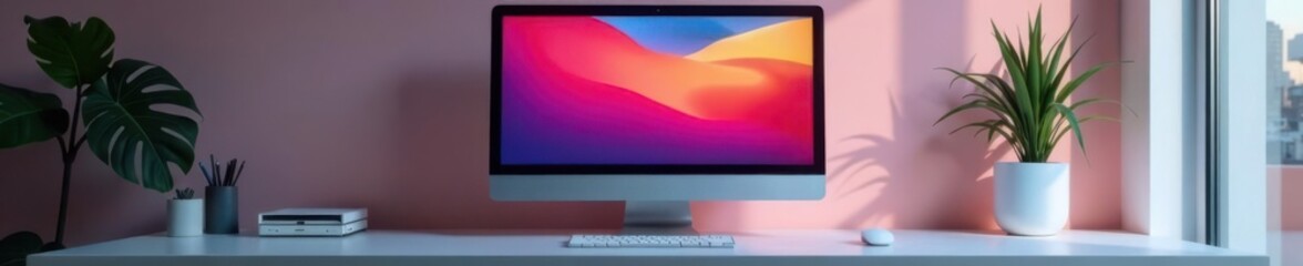 Wall Mural - Minimalist computer setup with empty desktop screen, screen, blank