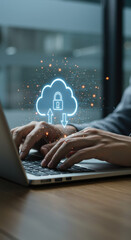 secure cloud computing: data protection with lock, upload, download arrows & digital business with l