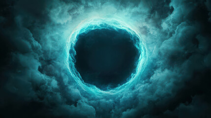 Wall Mural - Mysterious Circular Portal with Blue Lightning Surrounded by Dark Stormy Clouds
