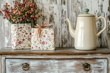 Wall Mural - Nostalgic Mother's Day corner with a retro-inspired gift package and a classic coffee pot on a distressed wood sideboard.