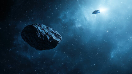 Wall Mural - cosmic asteroids floating in a vast dark space with bright star light in background
