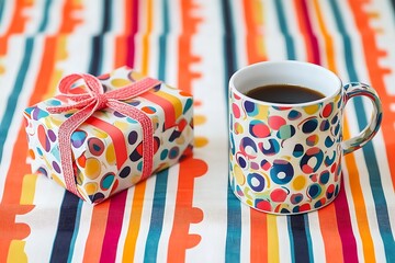 Wall Mural - Playful Mother's Day scene with a brightly colored gift and a fun patterned coffee mug on a bold striped tablecloth.