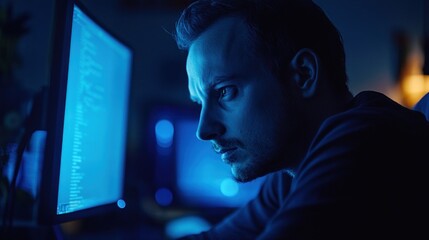 Man Coding Computer Software Development Focused on Screen in Dark Room