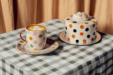 Wall Mural - Playful Mother's Day brunch with a polka-dot cake and a matching mug of cappuccino on a checkered tablecloth.