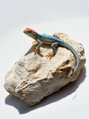 Aufkleber - Colorful lizard perched on a textured rock against a soft white background, showcasing vibrant colors and intricate patterns