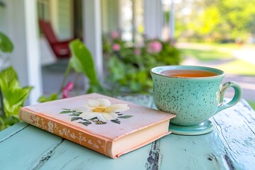 Wall Mural - Reflective Mother's Day tea with a spiritual meditation book gift and a simple ceramic tea cup on a serene porch.