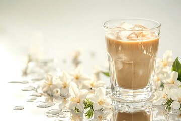 Wall Mural - Refreshing Mother's Day setting with a clear glass of iced coffee and a scattering of jasmine flowers on a reflective surface.