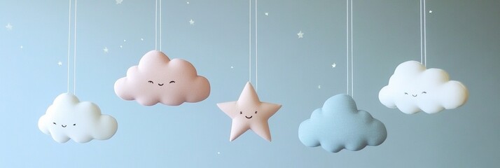 Fototapete - Hanging stars and clouds create a whimsical nursery decor for a dreamy atmosphere