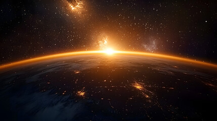 Wall Mural - stunning earth sunrise space view with bright golden light and starry galaxy sky dark stars night